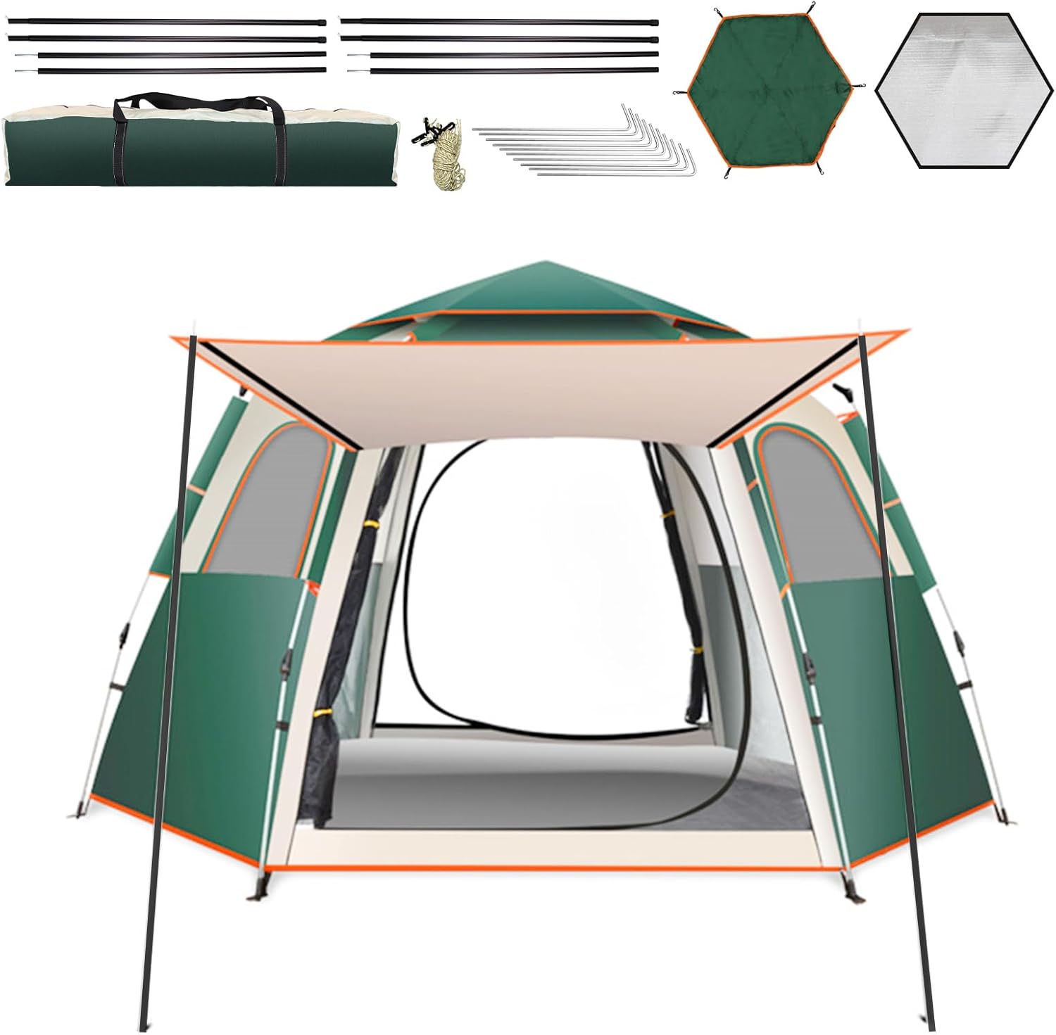 Camping Tent Large Tent 87" L 73" W 40" H with Instant Setup Outdoor Tent with 2 Doors,3 Windows,Removable Rainfly, Hexagonal Moisture-Proof Pad and Carry Bag,4/6/8 Person Weatherproof