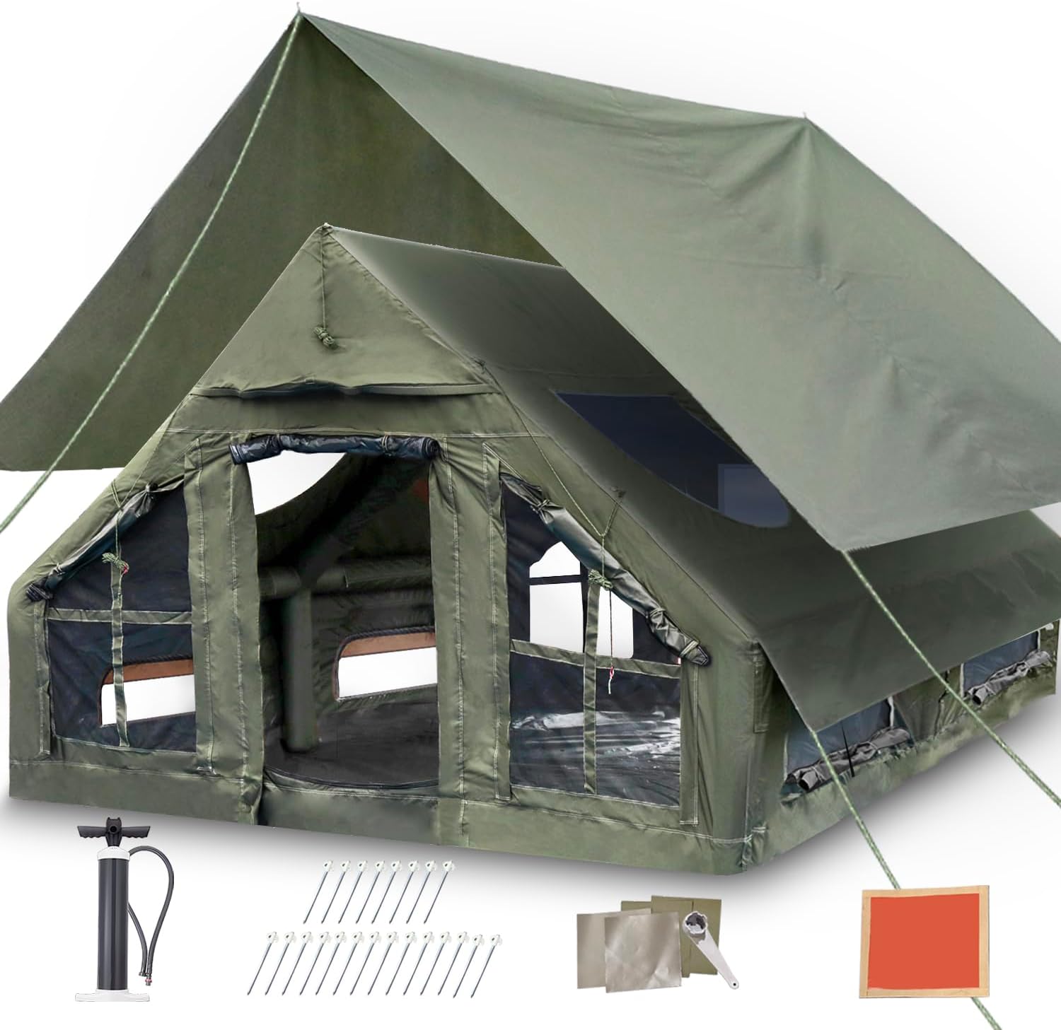Inflatable Camping Tent, Luxury 4 Season Family Glamping Tents 10ft x 13.2ft x 7ft with Pump, Waterproof Canopy, Mesh Windows & Door, Clear Curtains & Skyligh, for 4-8 Person Travel & Adventure