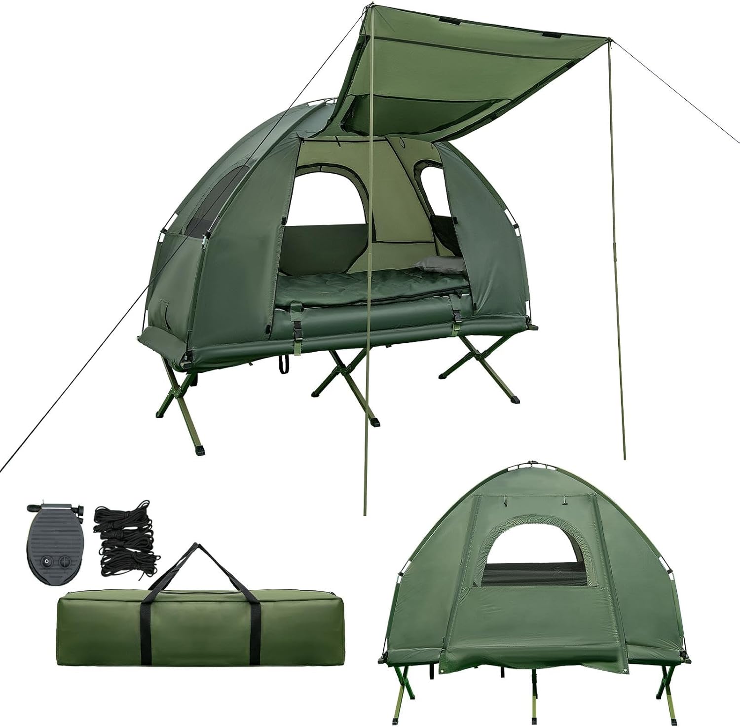 Tent Cot for Camping, All-in-1 Folding Tent Combo w/Air Mattress, 2 Sleeping Bags, Carry Bag & Foot Pump, Off Ground Travel Cot for Hiking, Backpacking, Fishing & Picnic