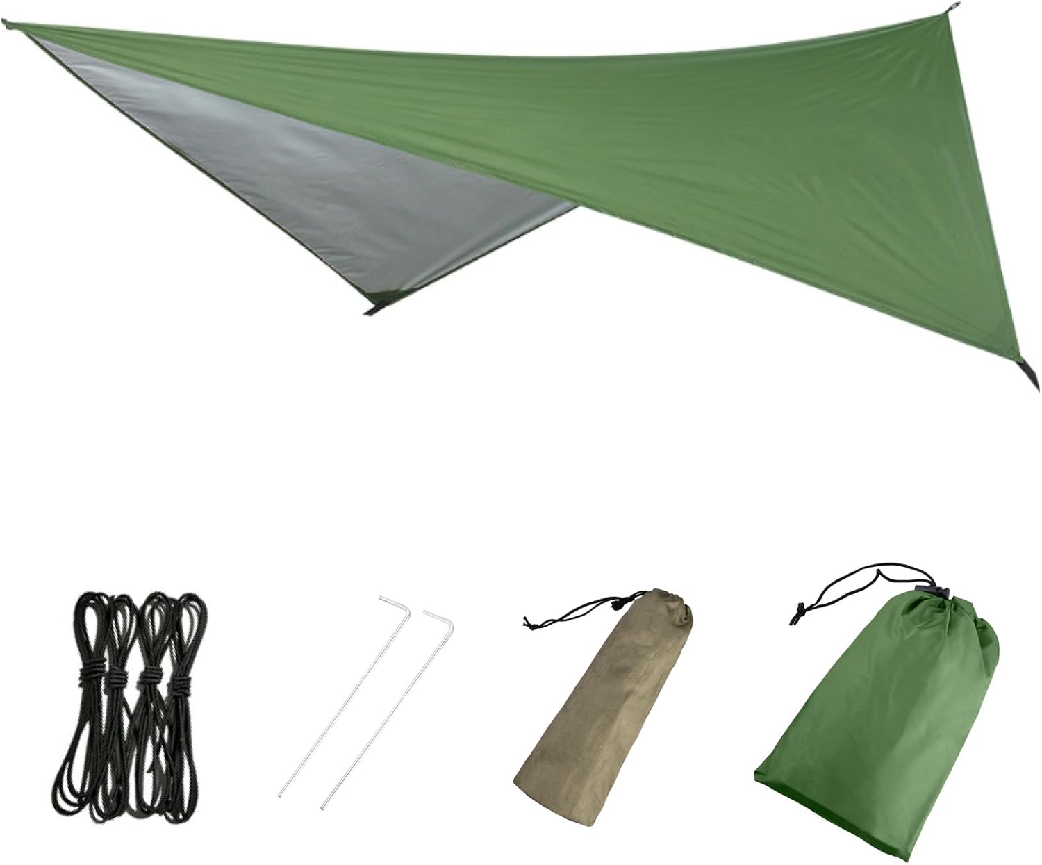 Hammock Camping Tarp Rain Fly, Waterproof Tent Footprint Shelter Canopy Sunshade Cloth Picnic Mat for Outdoor Awning Hiking Beach Backpacking - Included Guy Lines & Stakes (Green)